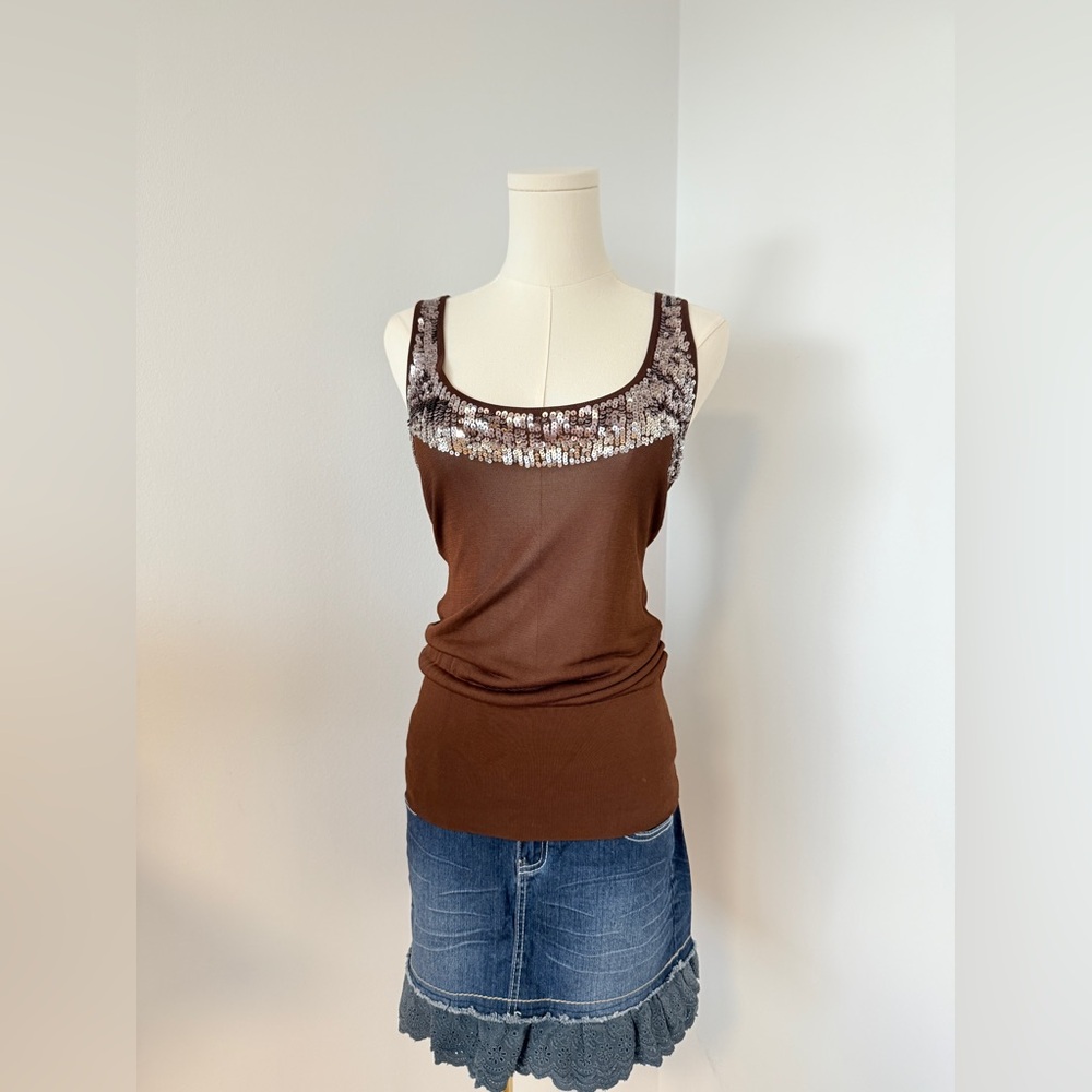 Bebe Brown Sequin Tank Top — S